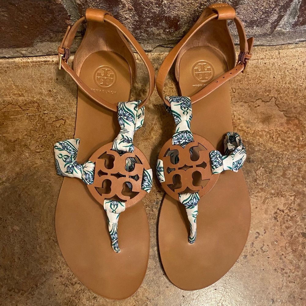 Tory burch leather logo blue Meridian floral fabric miller scarf ankle sandals - Picture 4 of 11